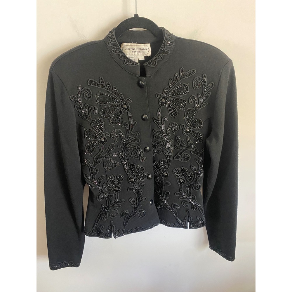 Adrienne Vittadini Vintage Black Beaded Wool Blend Floral Butterfly Jacket Sz 14